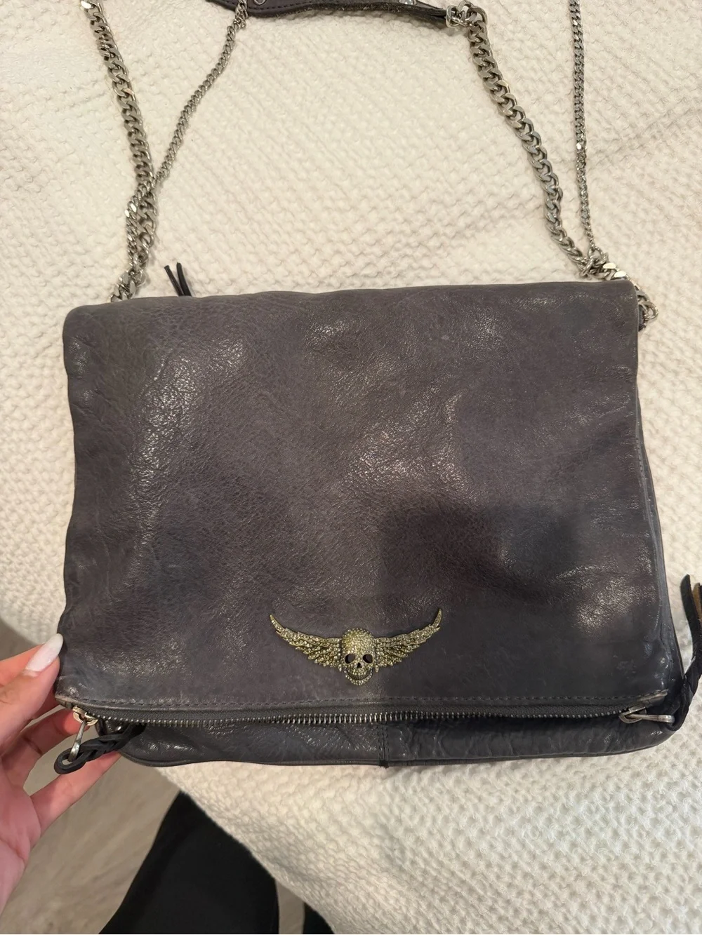 Zadig & Voltaire Rocky Gray Distressed Leather Foldover Chain Crossbody